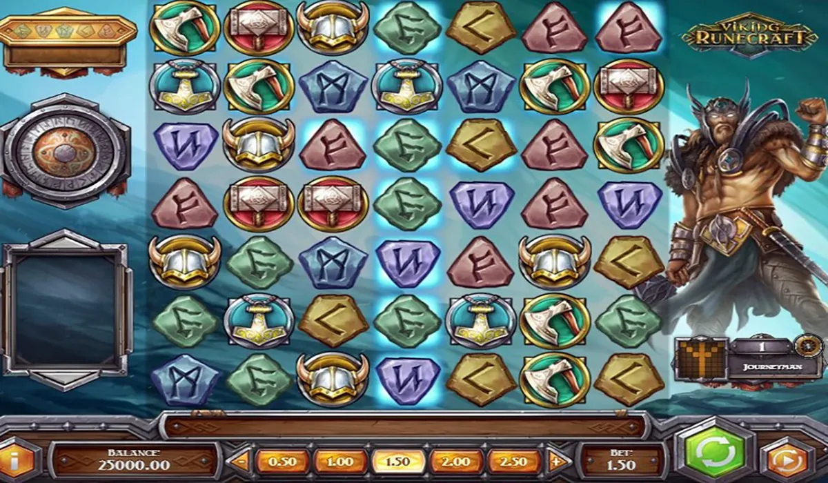 Viking Runecraft slot game screen showing a runestone and weapon symbol grid with Norse rune letters, stone UI panels on the left, and a horned Viking warrior character standing on the right.