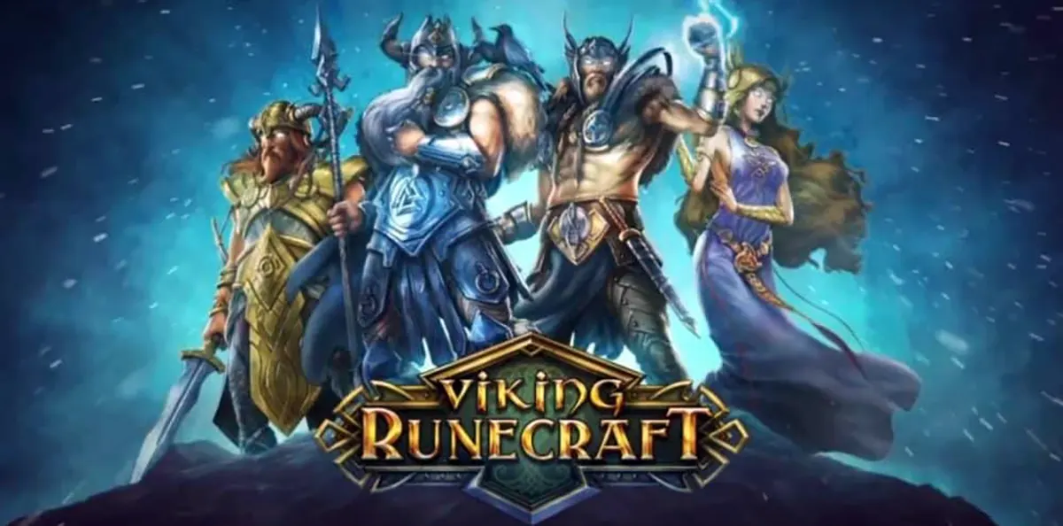 Viking Runecraft slot artwork featuring four Norse fantasy characters in ornate armour against a stormy blue sky, with the “Viking Runecraft” logo centered at the bottom.
